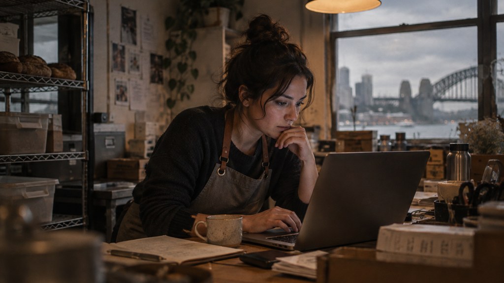 A small-business owner in an apron leaning over a laptop on a cluttered back-office desk late in the day, photographed in Sydney