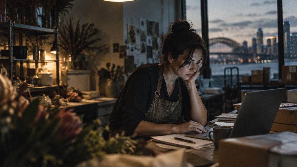 A small-business owner in an apron leaning over a laptop on a cluttered back-office desk late in the day, photographed in Sydney