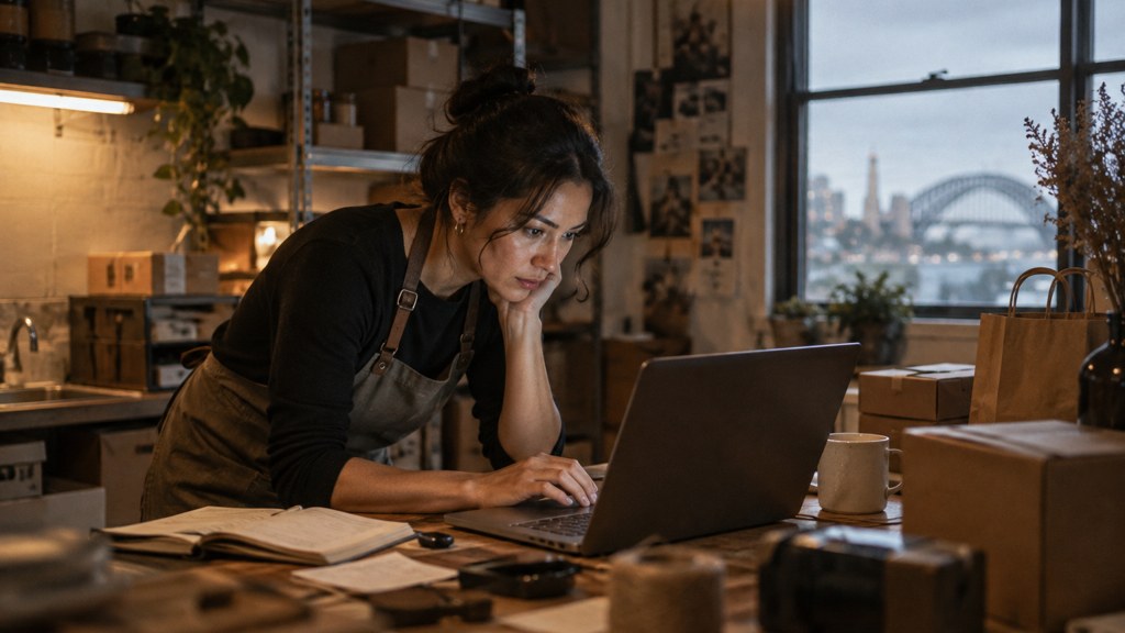A small-business owner in an apron leaning over a laptop on a cluttered back-office desk late in the day, photographed in Sydney
