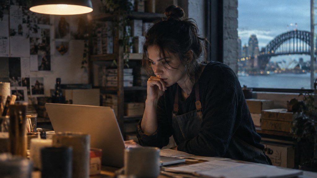 A small-business owner in an apron leaning over a laptop on a cluttered back-office desk late in the day, photographed in Sydney