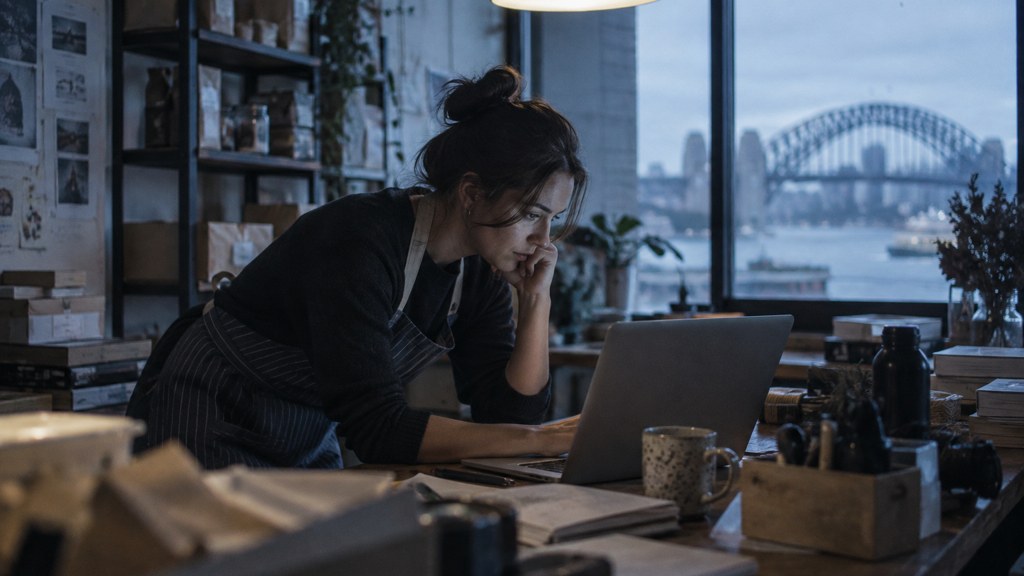 A small-business owner in an apron leaning over a laptop on a cluttered back-office desk late in the day, photographed in Sydney