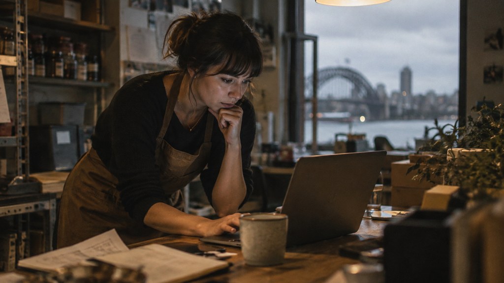A small-business owner in an apron leaning over a laptop on a cluttered back-office desk late in the day, photographed in Sydney