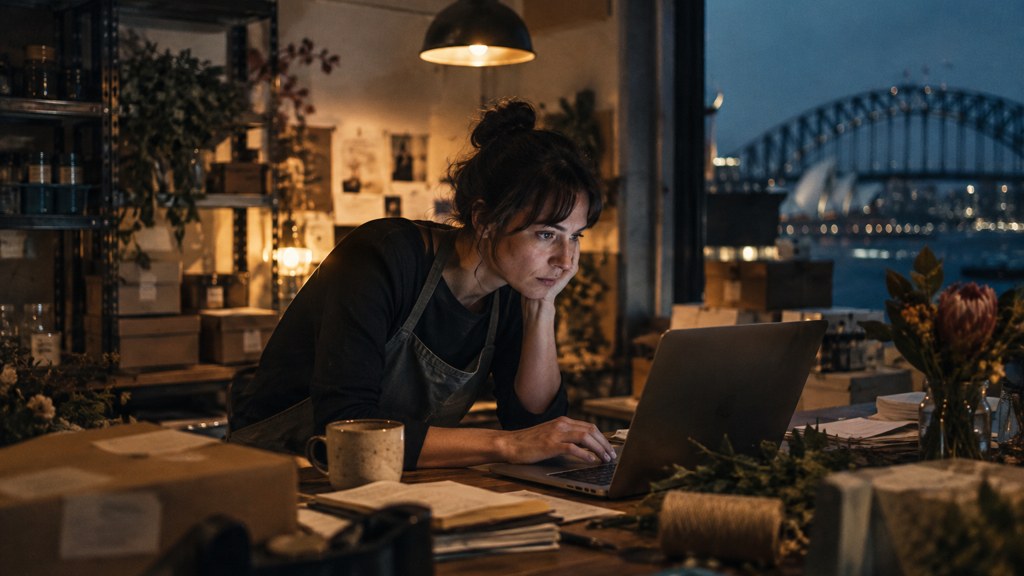 A small-business owner in an apron leaning over a laptop on a cluttered back-office desk late in the day, photographed in Sydney