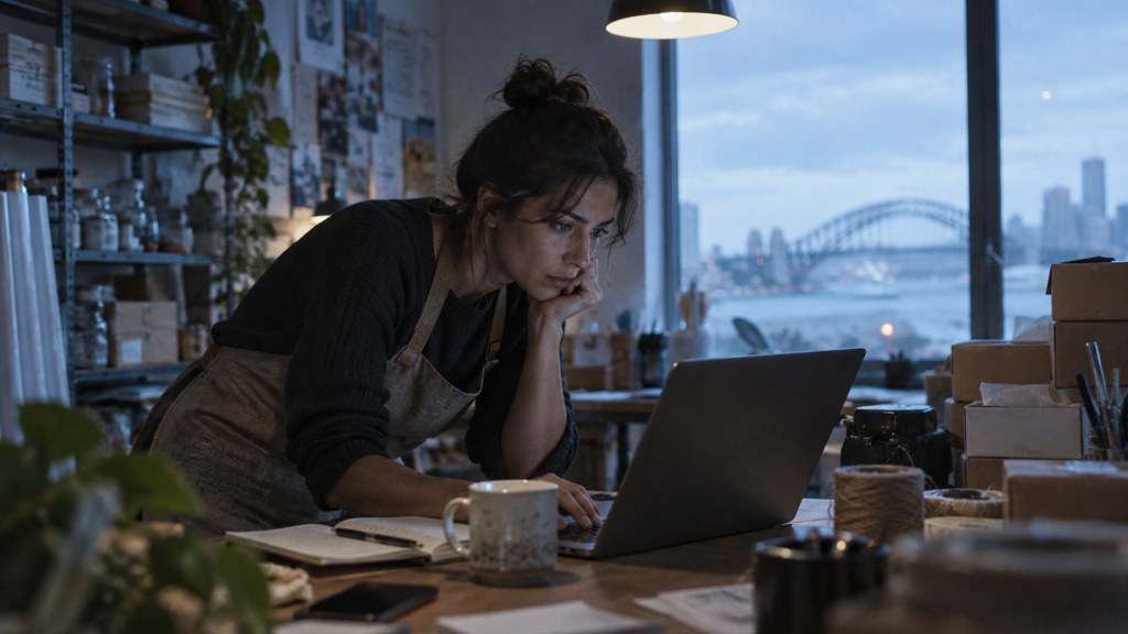 A small-business owner in an apron leaning over a laptop on a cluttered back-office desk late in the day, photographed in Sydney