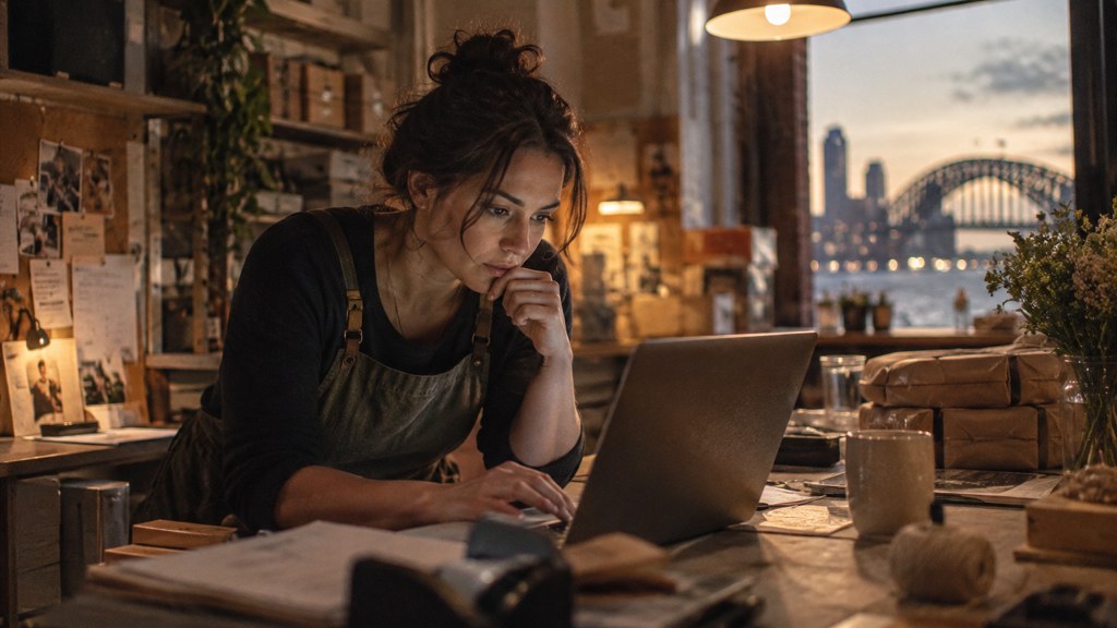 A small-business owner in an apron leaning over a laptop on a cluttered back-office desk late in the day, photographed in Sydney