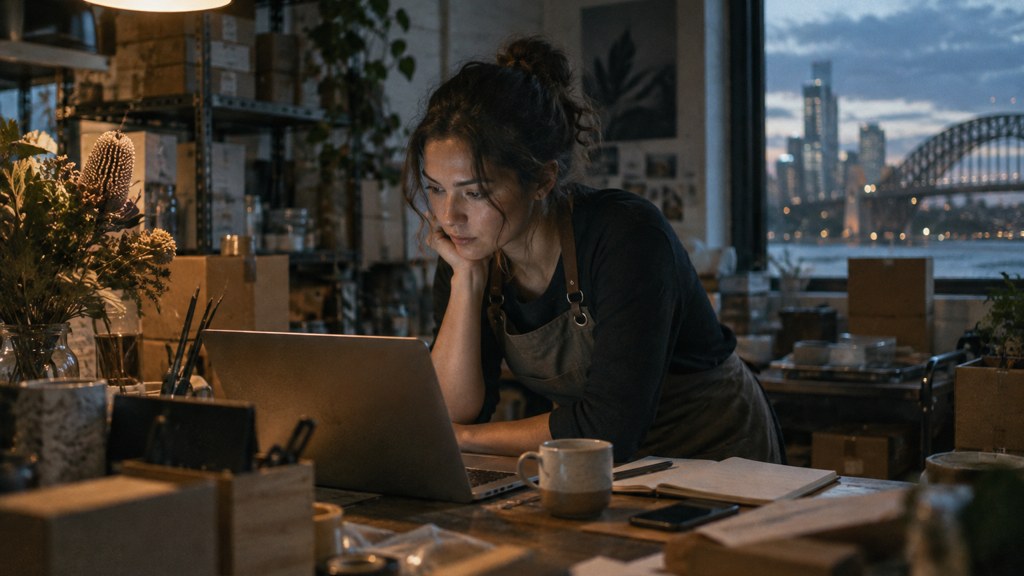 A small-business owner in an apron leaning over a laptop on a cluttered back-office desk late in the day, photographed in Sydney