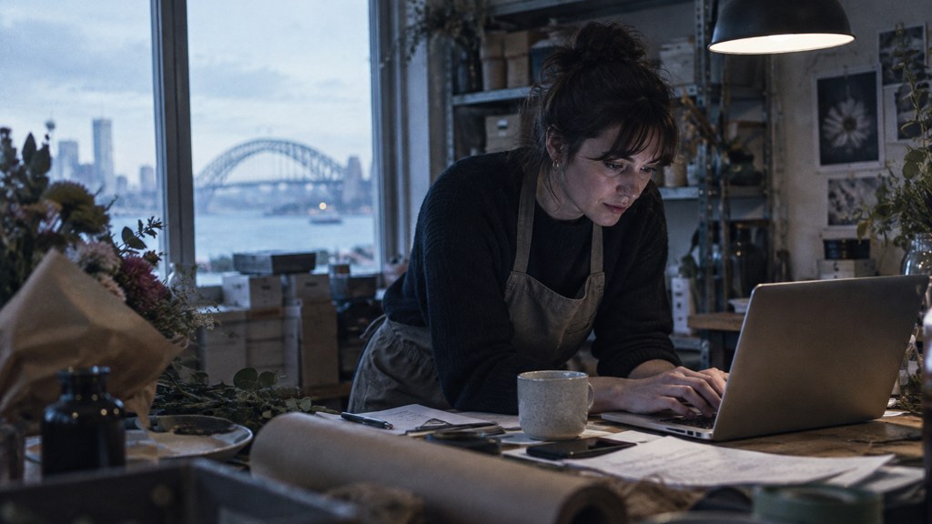 A small-business owner in an apron leaning over a laptop on a cluttered back-office desk late in the day, photographed in Sydney