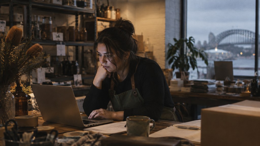 A small-business owner in an apron leaning over a laptop on a cluttered back-office desk late in the day, photographed in Sydney