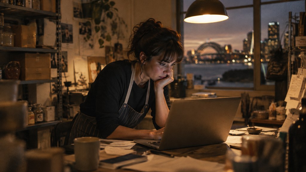 A small-business owner in an apron leaning over a laptop on a cluttered back-office desk late in the day, photographed in Sydney