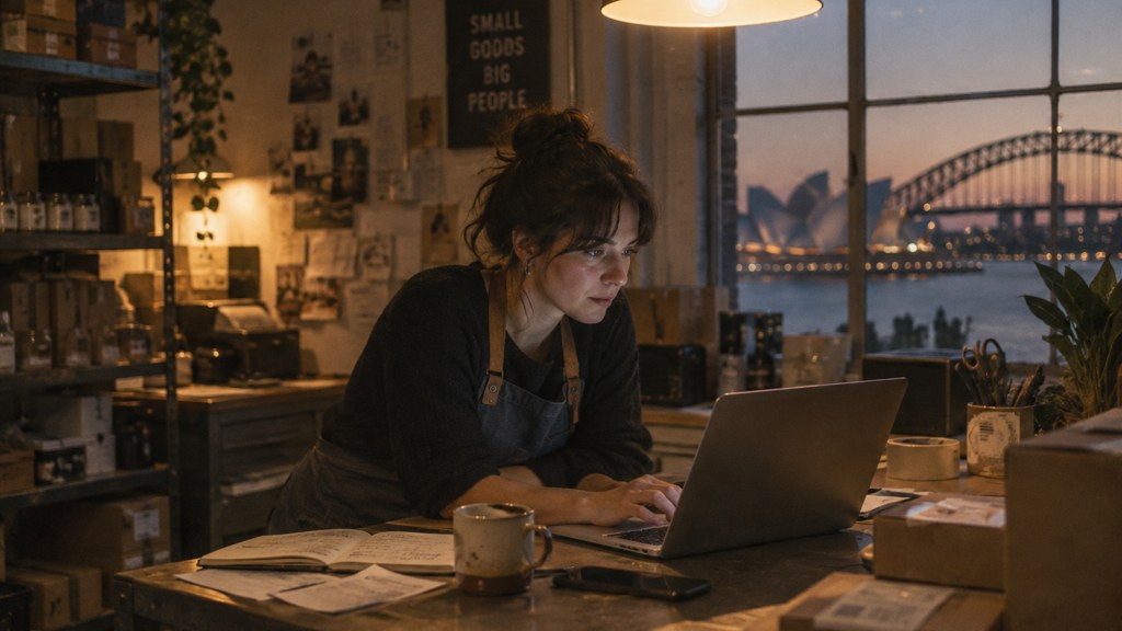 A small-business owner in an apron leaning over a laptop on a cluttered back-office desk late in the day, photographed in Sydney