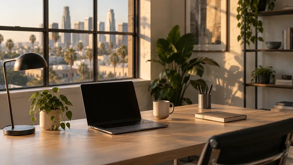 A Los Angeles AI search studio office with blank prompt logs on a pale oak desk in warm late afternoon light