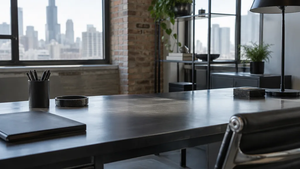 A Chicago AI search loft office with blank answer transcripts on a dark steel desk in cool northern daylight