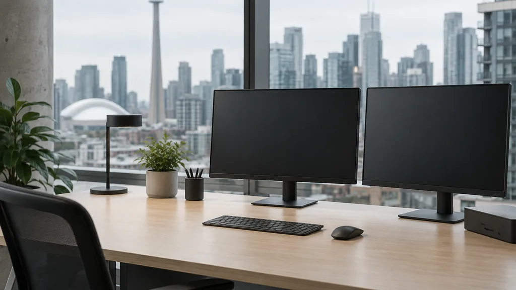 A Toronto AI search office with blank visibility dashboards on a light birch desk in soft grey daylight