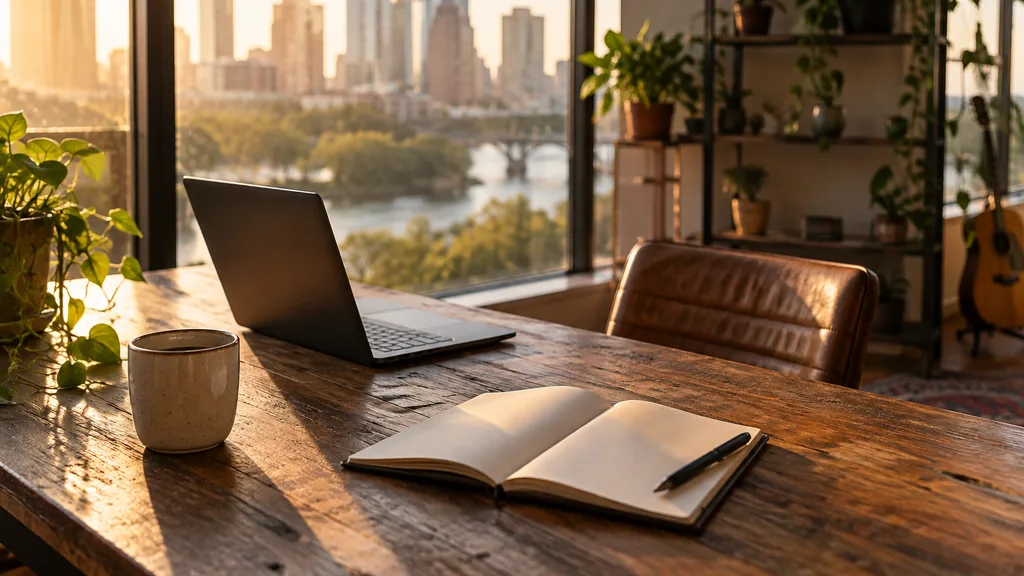 An Austin AI search workspace with blank prompt logs on a reclaimed wood desk in warm golden light