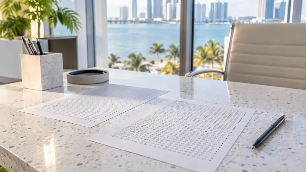A Miami AI search office with blank answer transcripts on a white terrazzo desk in bright coastal light