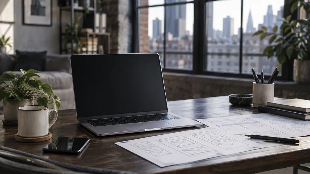 A New York web development loft studio with a blank laptop screen and wireframe sketches on a dark walnut desk in cool morning light