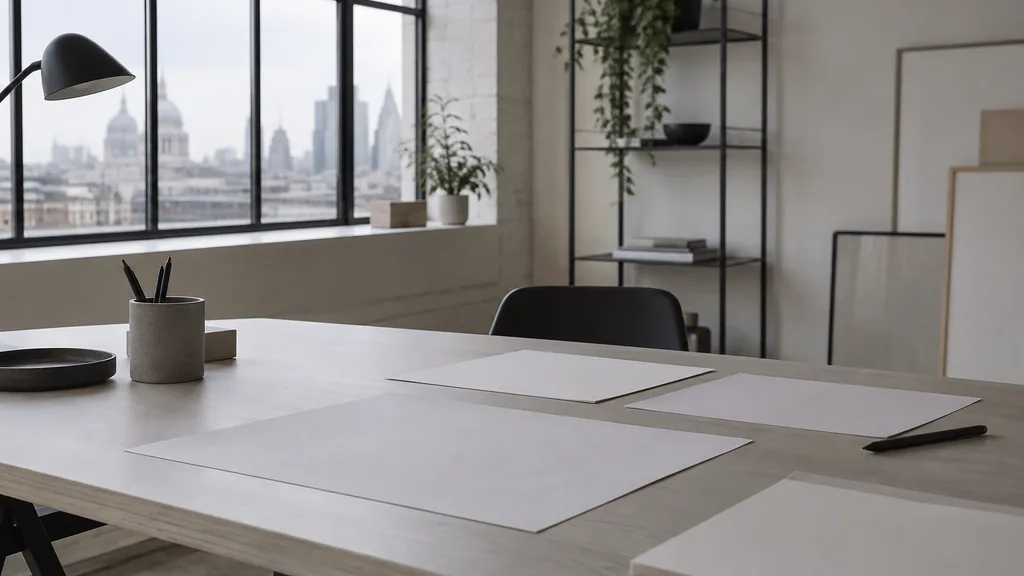 A London web development studio with blank layout printouts on a pale ash desk in soft grey daylight