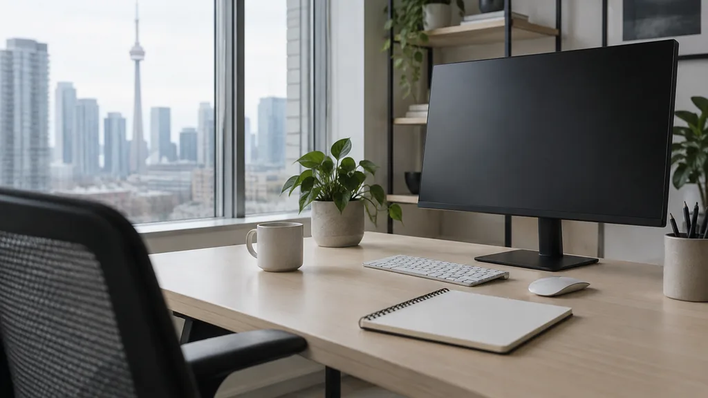 A Toronto web development office with a blank monitor and sketchbook on a light birch desk in soft northern daylight
