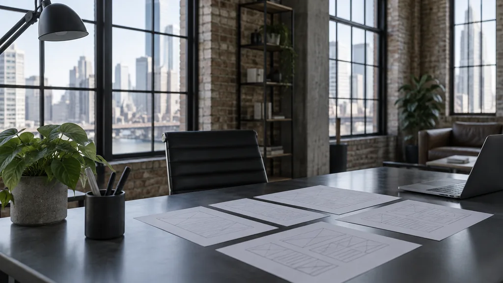 A Chicago web development loft office with blank wireframes on a dark steel desk in cool daylight