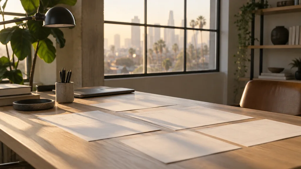 A Los Angeles web development studio with blank layout sketches on a pale oak desk in warm late afternoon light