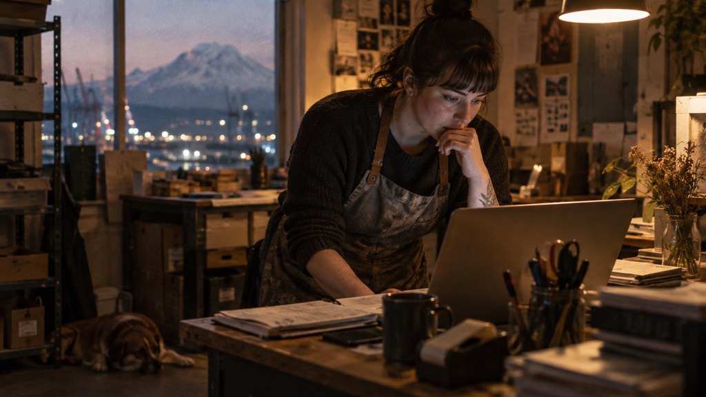 A small-business owner in an apron leaning over a laptop on a cluttered back-office desk late in the day, photographed in Tacoma