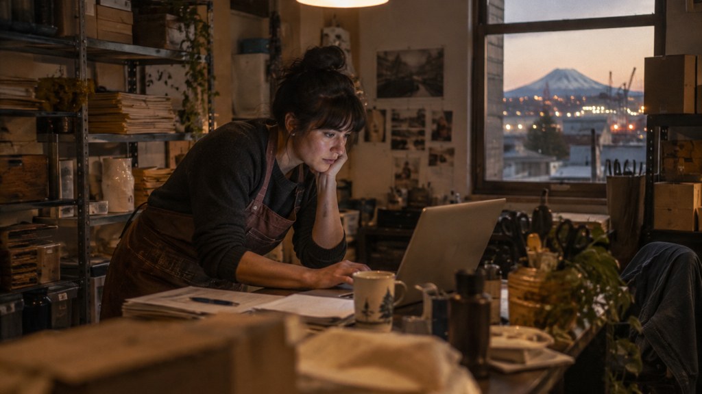A small-business owner in an apron leaning over a laptop on a cluttered back-office desk late in the day, photographed in Tacoma