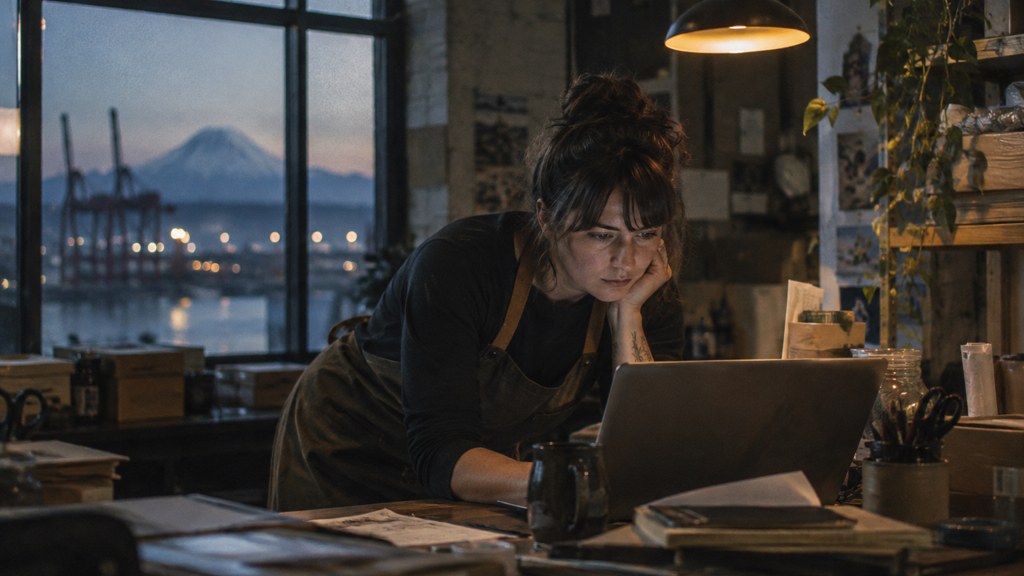 A small-business owner in an apron leaning over a laptop on a cluttered back-office desk late in the day, photographed in Tacoma