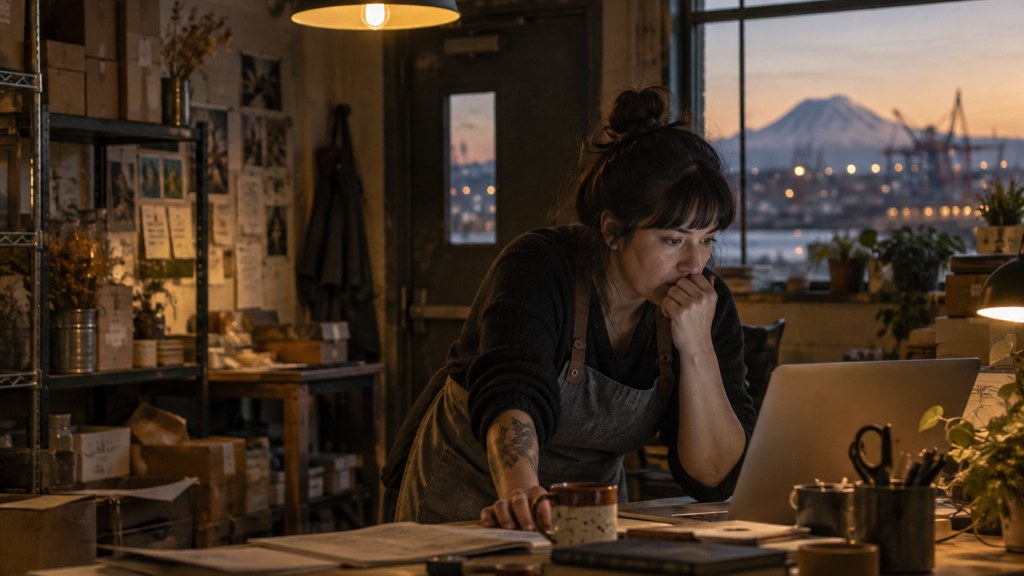A small-business owner in an apron leaning over a laptop on a cluttered back-office desk late in the day, photographed in Tacoma