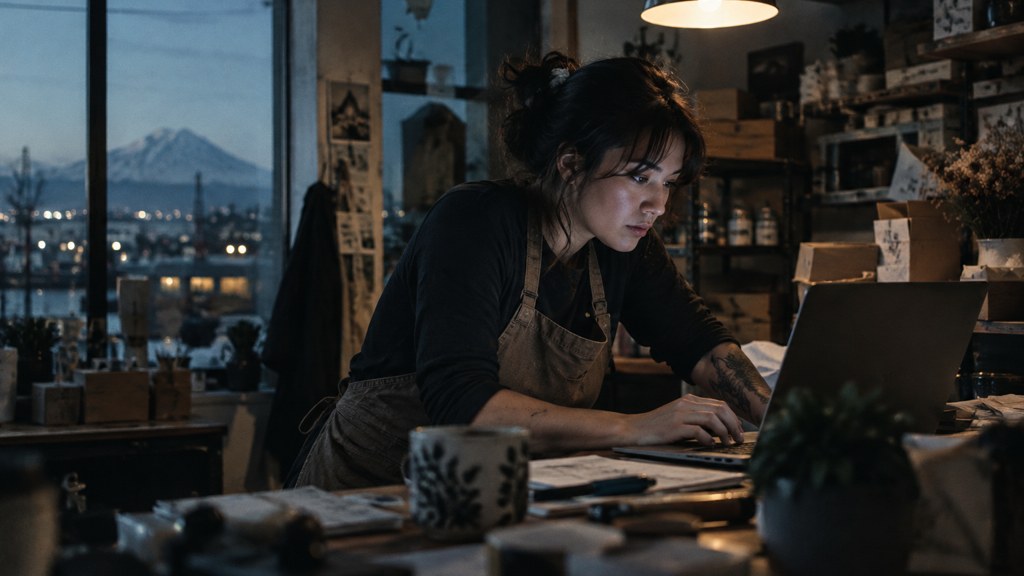 A small-business owner in an apron leaning over a laptop on a cluttered back-office desk late in the day, photographed in Tacoma