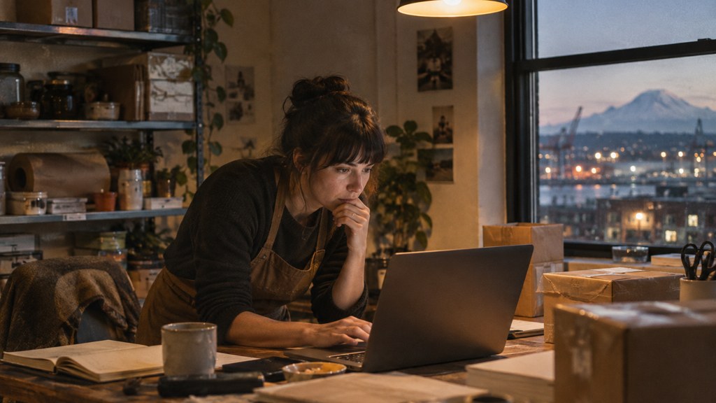 A small-business owner in an apron leaning over a laptop on a cluttered back-office desk late in the day, photographed in Tacoma