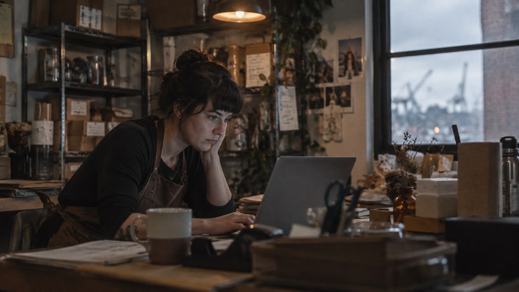 A small-business owner in an apron leaning over a laptop on a cluttered back-office desk late in the day, photographed in Tacoma