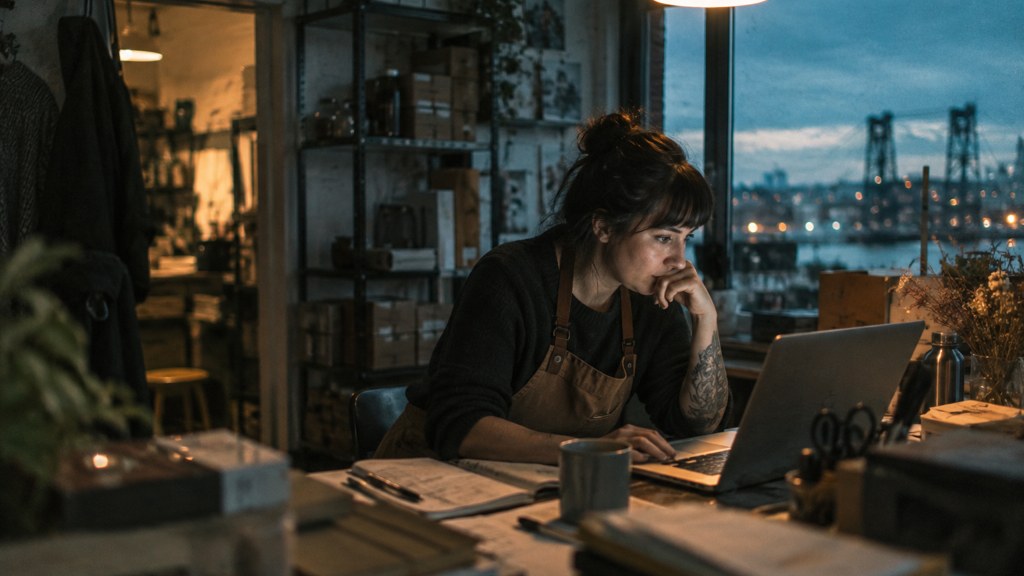 A small-business owner in an apron leaning over a laptop on a cluttered back-office desk late in the day, photographed in Tacoma