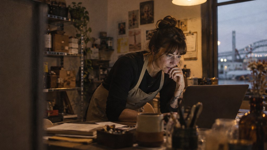 A small-business owner in an apron leaning over a laptop on a cluttered back-office desk late in the day, photographed in Tacoma