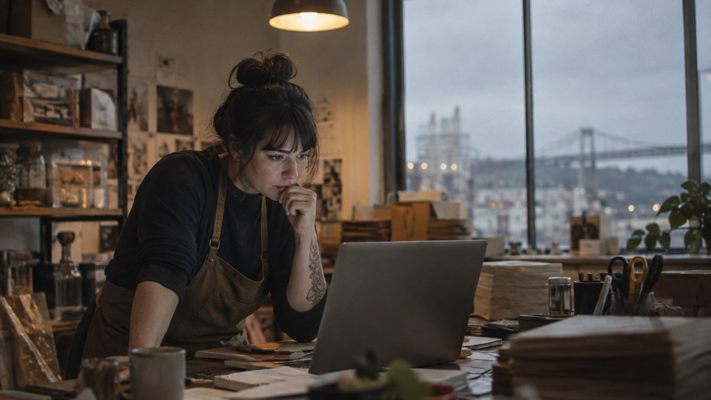 A small-business owner in an apron leaning over a laptop on a cluttered back-office desk late in the day, photographed in Tacoma