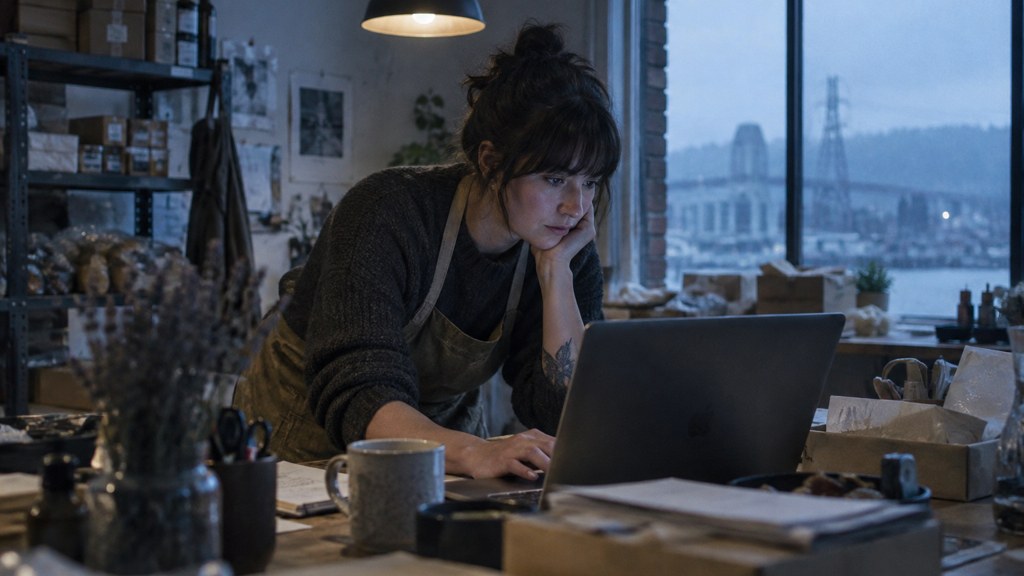A small-business owner in an apron leaning over a laptop on a cluttered back-office desk late in the day, photographed in Tacoma