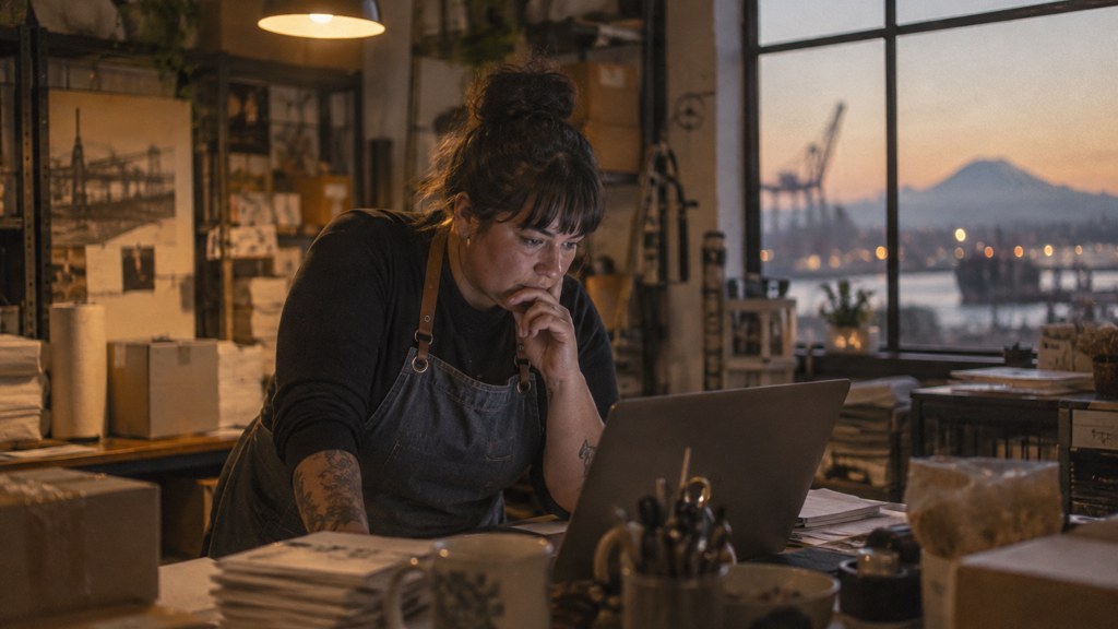 A small-business owner in an apron leaning over a laptop on a cluttered back-office desk late in the day, photographed in Tacoma
