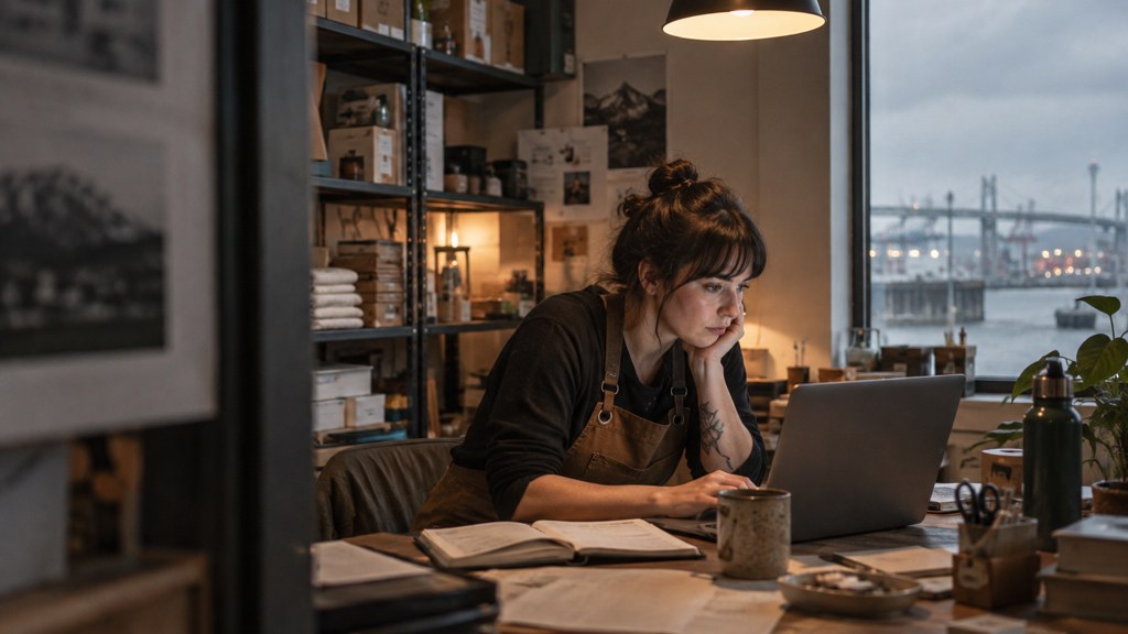 A small-business owner in an apron leaning over a laptop on a cluttered back-office desk late in the day, photographed in Tacoma