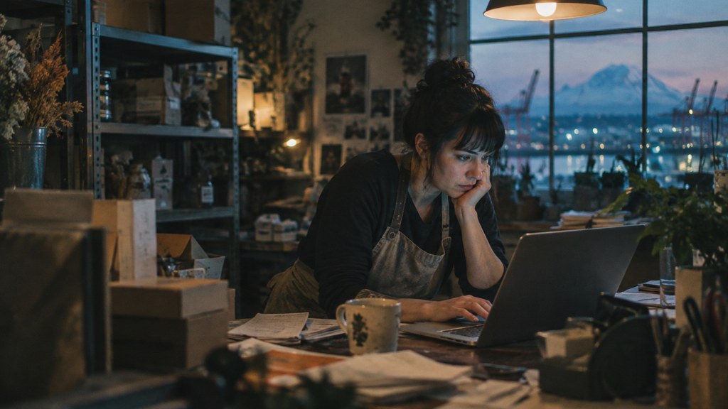 A small-business owner in an apron leaning over a laptop on a cluttered back-office desk late in the day, photographed in Tacoma