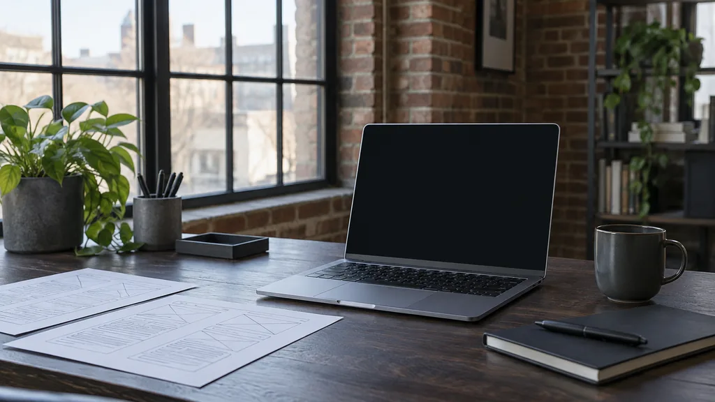 A Boston web development studio with brick walls, a blank laptop screen and wireframe printouts on a dark maple desk in cool morning light