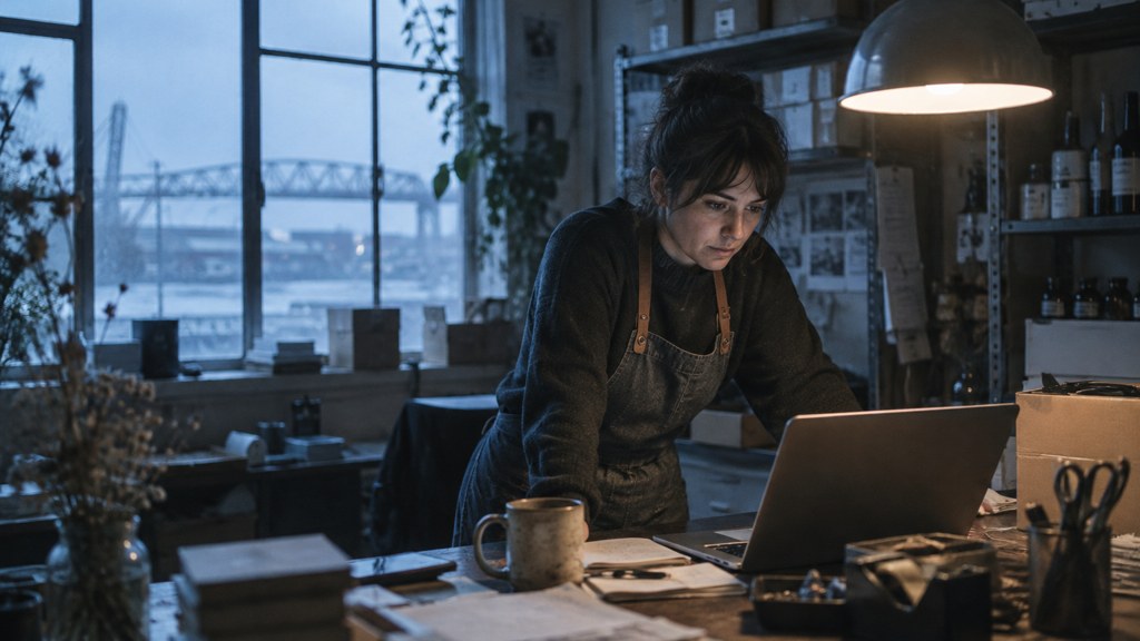 A small-business owner in an apron leaning over a laptop on a cluttered back-office desk late in the day, photographed in Tacoma
