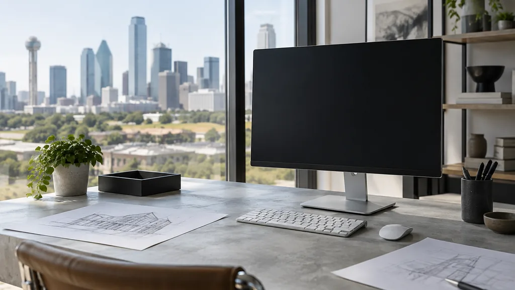 A Dallas web development office with a blank monitor and layout sketches on a pale concrete desk in bright southern daylight