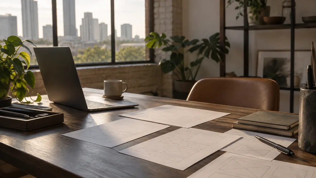 An Atlanta web development studio with blank wireframe sheets on a dark walnut desk in warm filtered daylight