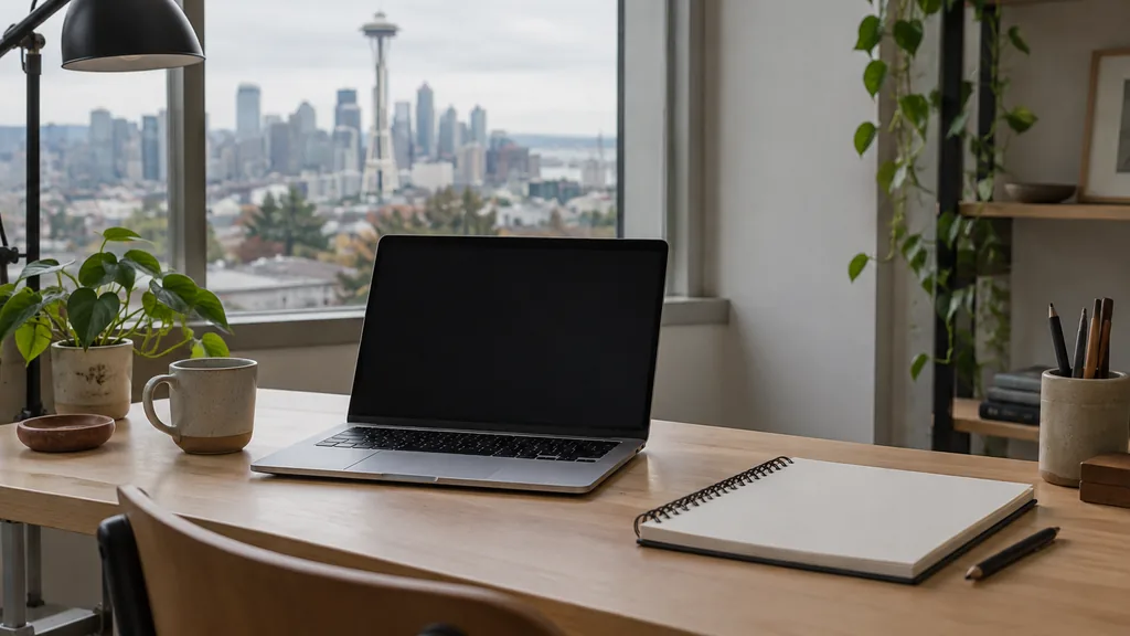 A Seattle web development studio with a blank laptop screen and sketchbook on a light cedar desk in soft overcast daylight