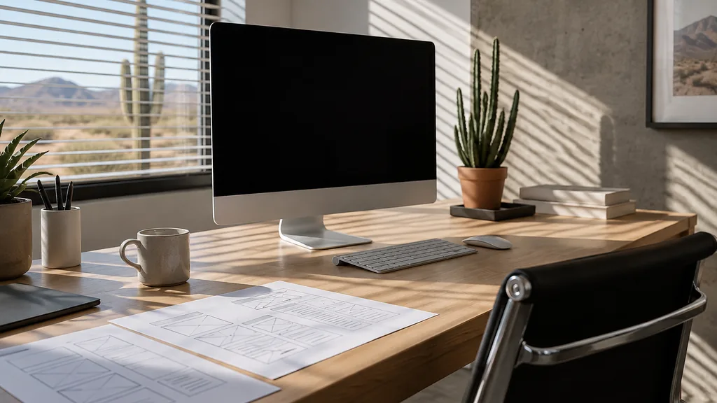 A Phoenix web development studio with a blank monitor and wireframe printouts on a pale oak desk in hard desert daylight through slatted blinds