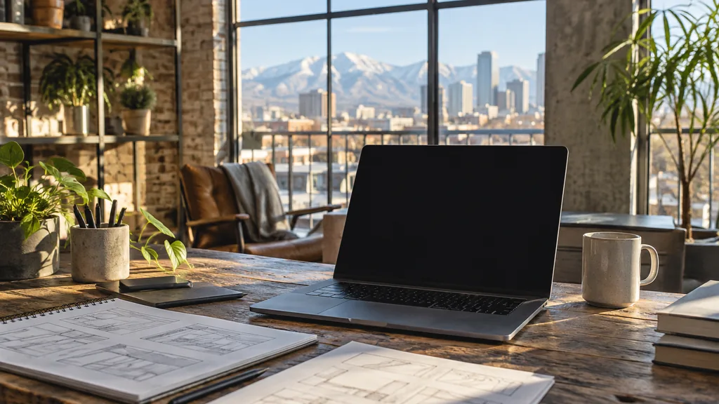 A Denver loft web development studio with a blank laptop screen and layout sketches on a reclaimed timber desk in crisp high-altitude light