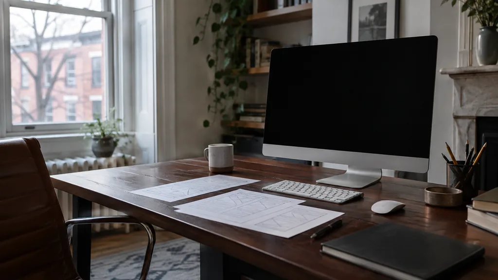 A Philadelphia rowhouse web development studio with a blank monitor and paper wireframes on a dark cherry desk in soft north light
