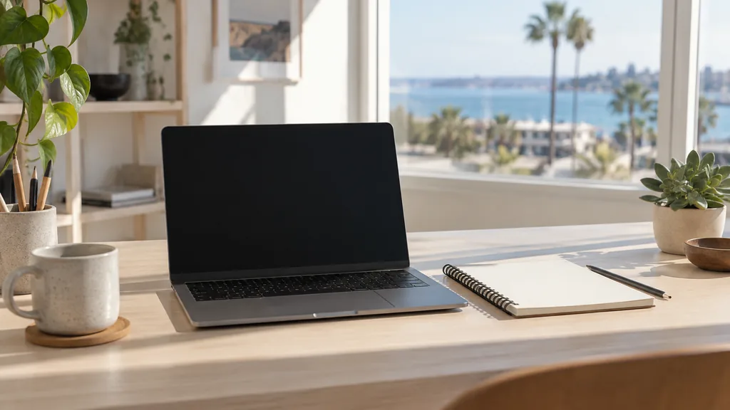 A San Diego web development studio with a blank laptop screen and sketchbook on a light ash desk in bright coastal daylight