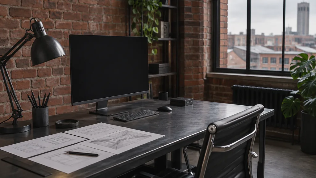 A Manchester red-brick web development studio with a blank monitor and layout sketches on a dark steel desk in soft grey northern light