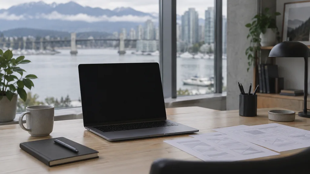 A Vancouver waterfront web development studio with a blank laptop screen and wireframe printouts on a pale fir desk in soft overcast Pacific light