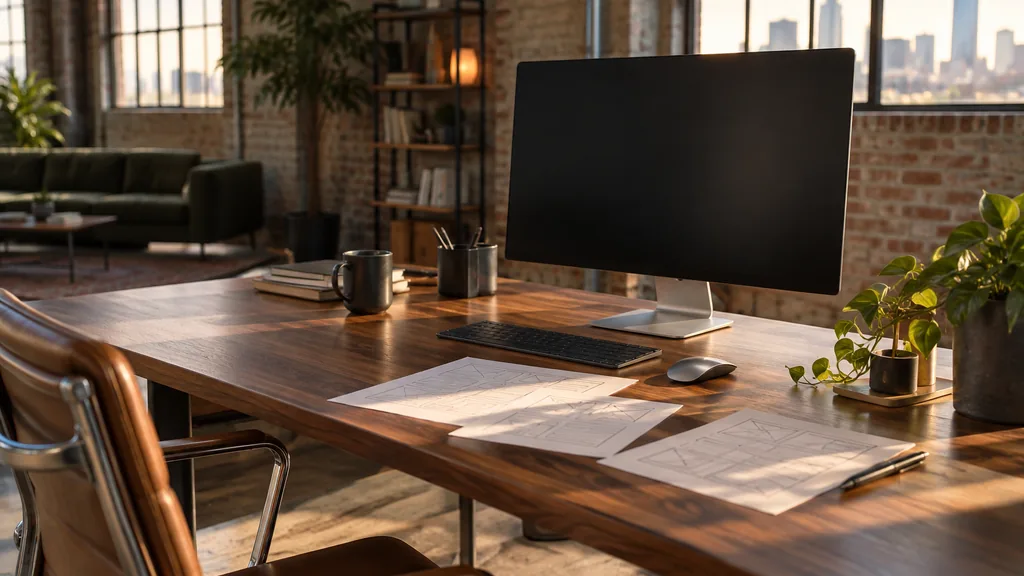 An Austin warehouse web development studio with a blank monitor and paper wireframes on a walnut desk in warm late-afternoon Texas light